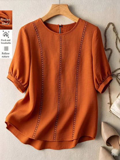 Franclia 2026 New Summer Women Blouse, Khaki, Elegant, Everyday, Work, Lace Trim Dyed Patchwork, Puff Sleeve, Loose Fit, Round Neck, Short Sleeve, Casual Spring