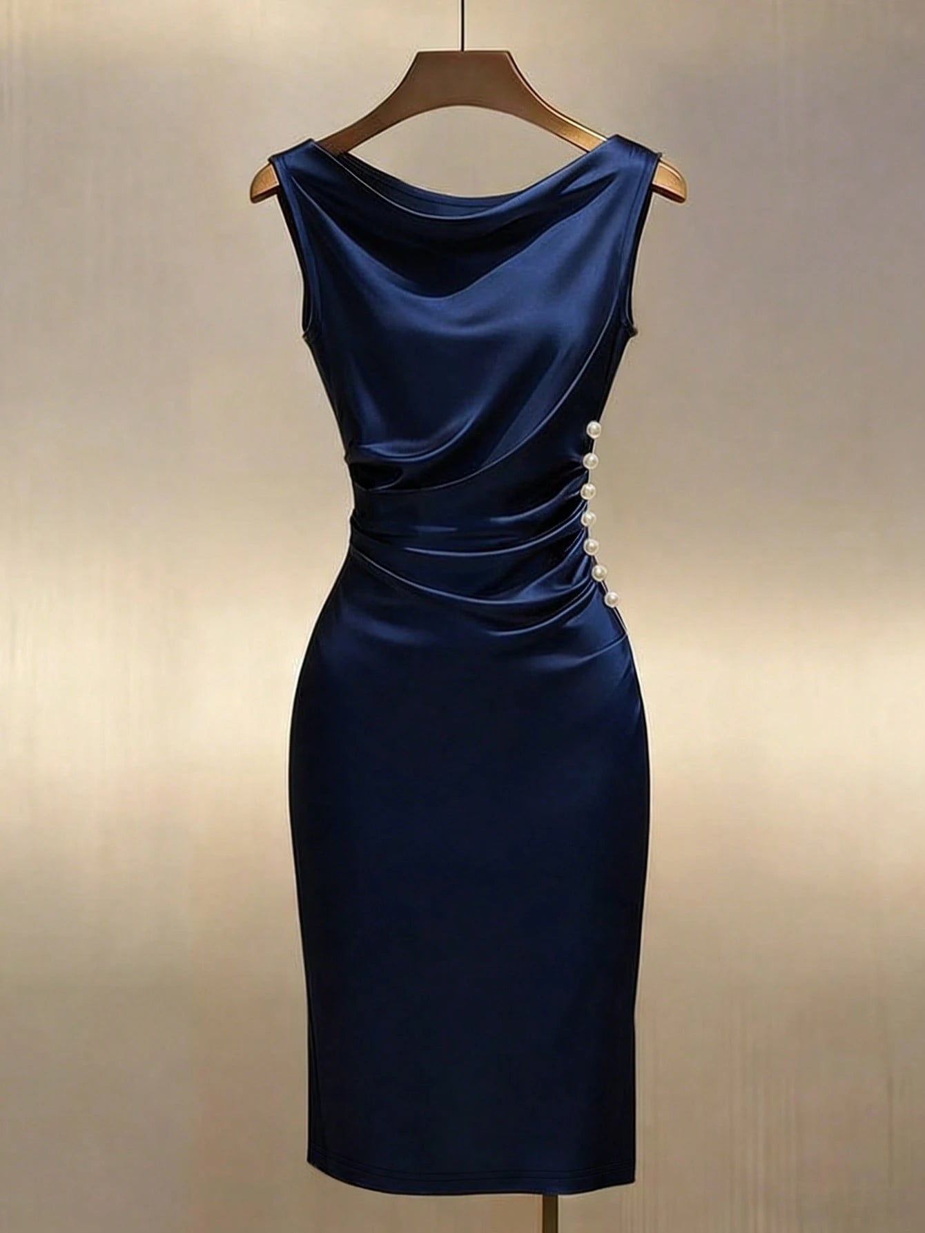 Franclia Champagne Satin Cowl Neck Sleeveless Fitted Dress