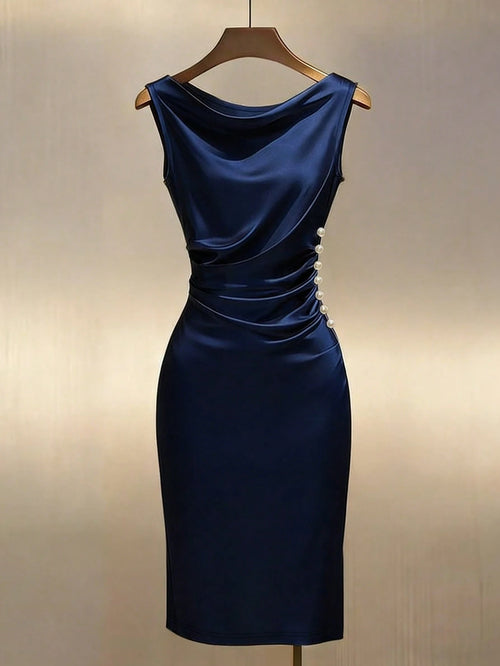 Franclia Champagne Satin Cowl Neck Sleeveless Fitted Dress