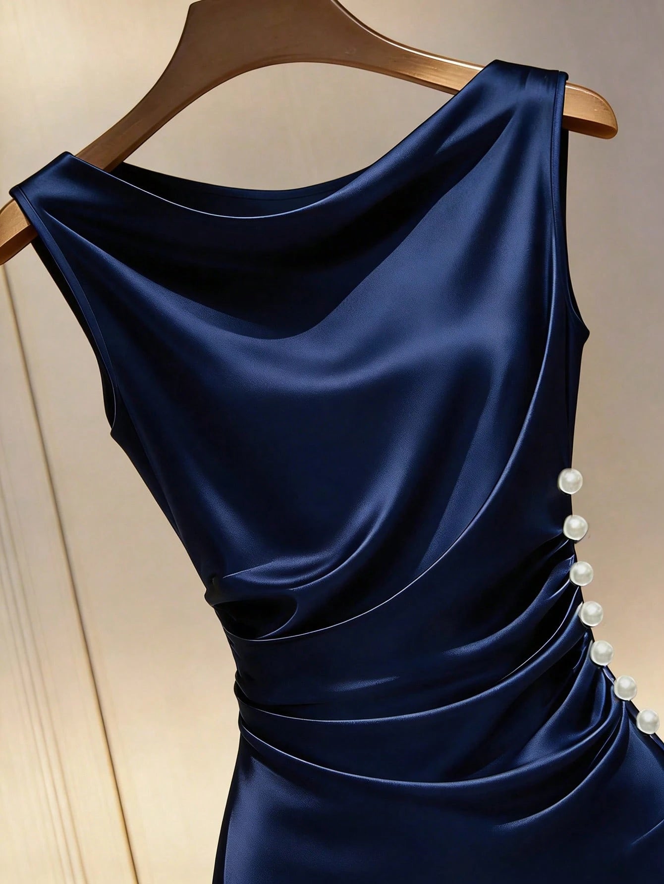 Franclia Champagne Satin Cowl Neck Sleeveless Fitted Dress