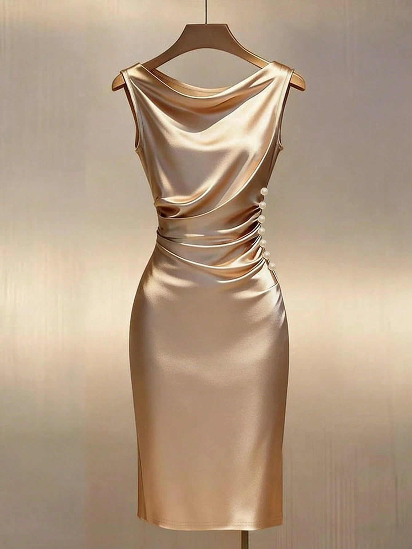 Franclia Champagne Satin Cowl Neck Sleeveless Fitted Dress