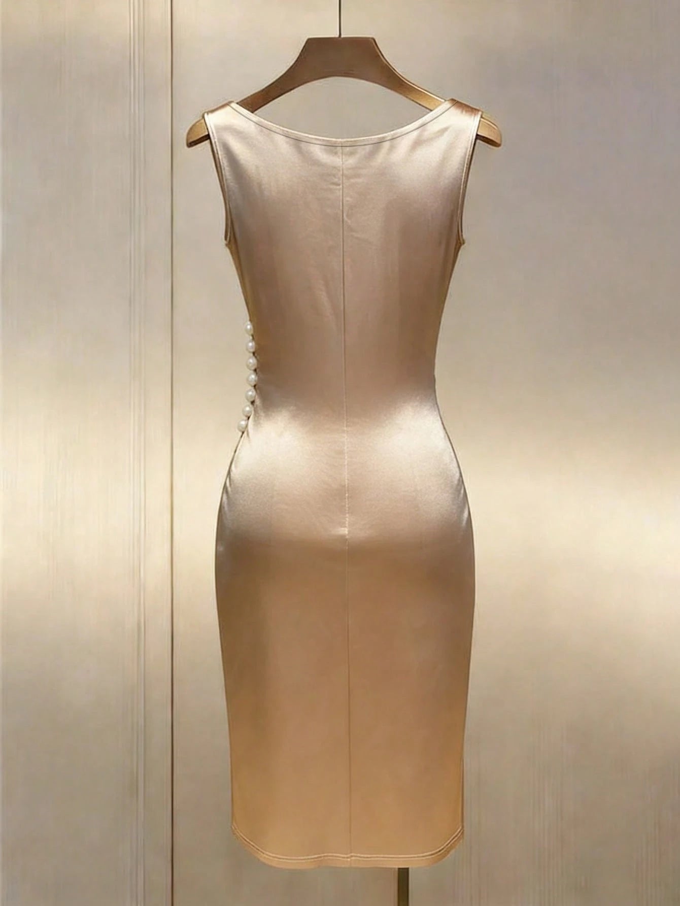 Franclia Champagne Satin Cowl Neck Sleeveless Fitted Dress