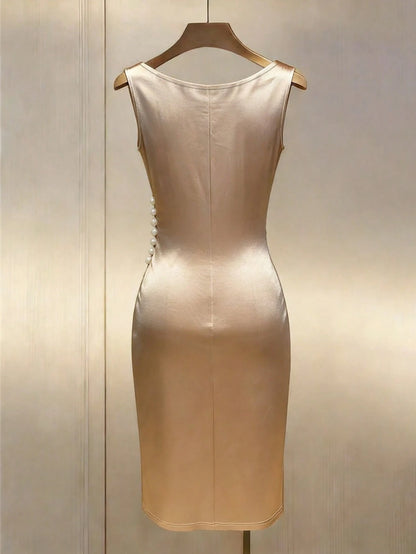 Franclia Champagne Satin Cowl Neck Sleeveless Fitted Dress