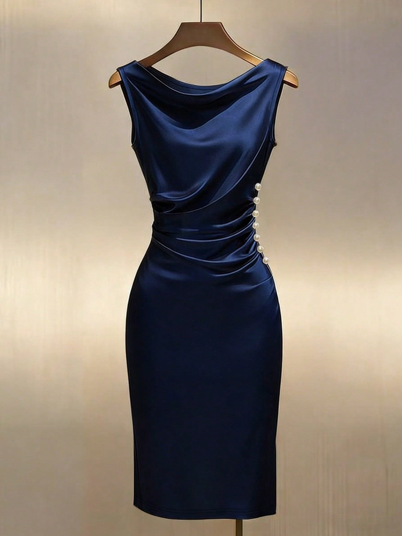 Franclia Champagne Satin Cowl Neck Sleeveless Fitted Dress