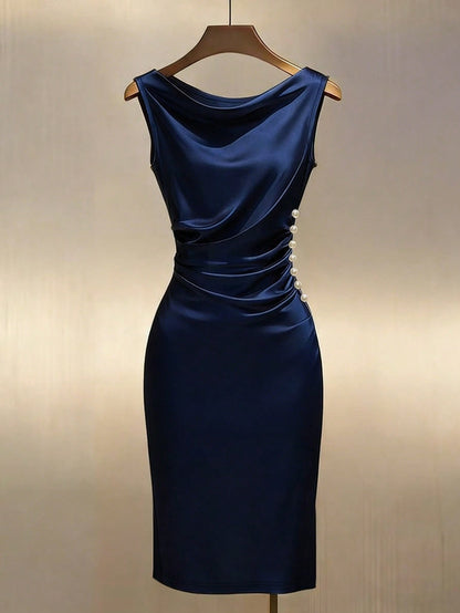 Franclia Champagne Satin Cowl Neck Sleeveless Fitted Dress