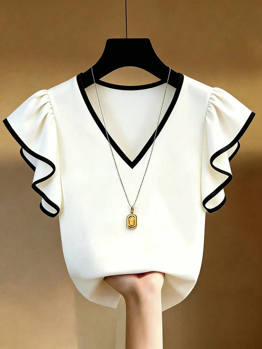 Franclia French Elegant V-Neck Black & White Contrast Ruffle Trim Short Sleeve Chiffon Top, Slim Fit Commuting Wear, Summer New