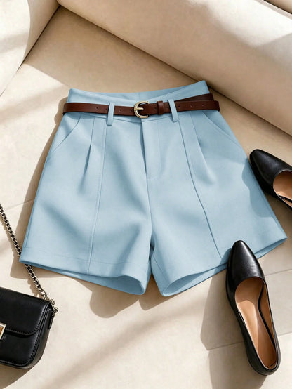 Franclia French Minimalist Fashion Woven Solid Color Commuting Casual, Retro, High Waist A-Line Wide Leg New Women Shorts