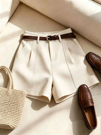Franclia French Minimalist Fashion Woven Solid Color Commuting Casual, Retro, High Waist A-Line Wide Leg New Women Shorts
