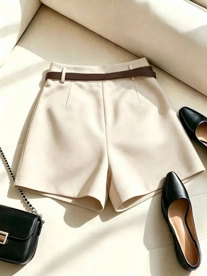 Franclia French Minimalist Fashion Woven Solid Color Commuting Casual, Retro, High Waist A-Line Wide Leg New Women Shorts