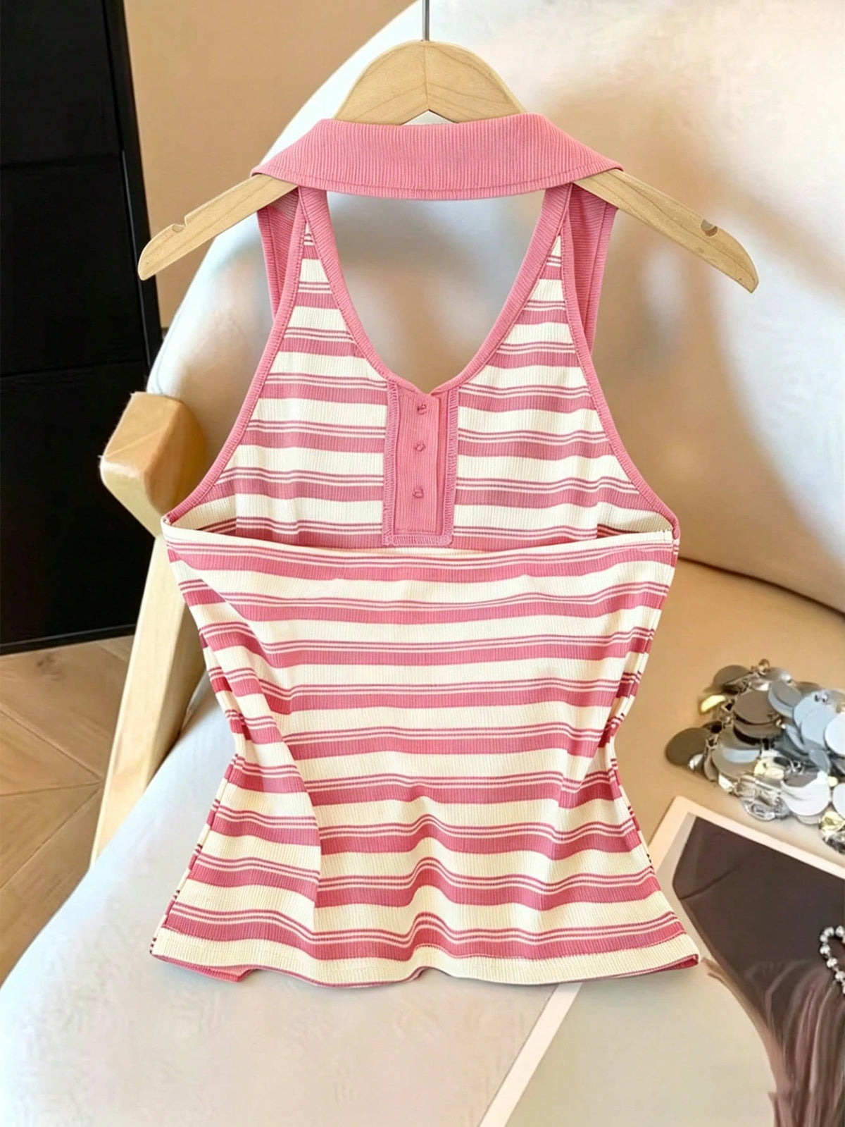Franclia French Style Striped Backless Halter Neck Tank Top For Women, Summer, Slimming & Age-Reducing