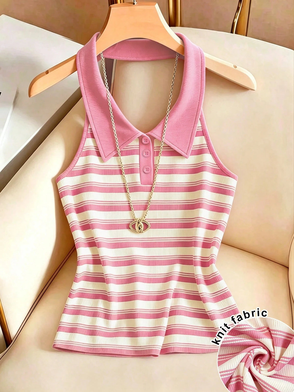 Franclia French Style Striped Backless Halter Neck Tank Top For Women, Summer, Slimming & Age-Reducing