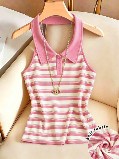 Franclia French Style Striped Backless Halter Neck Tank Top For Women, Summer, Slimming & Age-Reducing