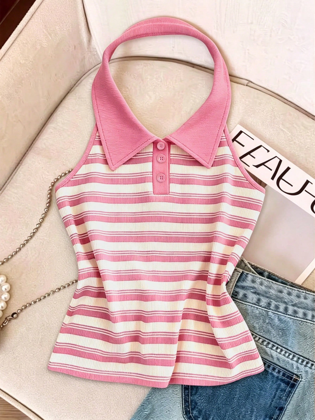 Franclia French Style Striped Backless Halter Neck Tank Top For Women, Summer, Slimming & Age-Reducing