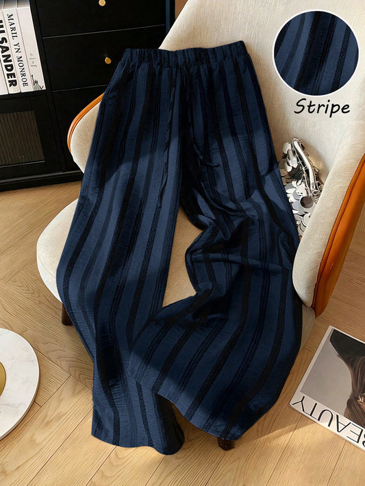 Franclia Navy Summer Casual Lounge Women's Striped Pants,Loose Lightweight Elastic Waist Sweatpants,Korean Business Casual Soft Straight Leg Pants