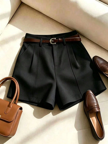Franclia Women French-Style Simple Elegant Summer White Apricot Shorts,High-Waisted A-Line Wide-Leg Casual Office Trousers,Fashionable Woven Shorts With Belt