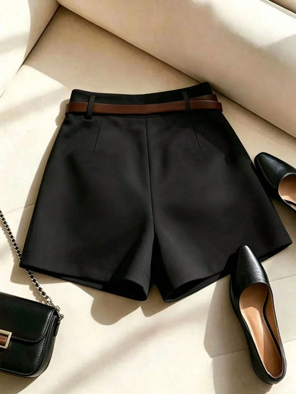 Franclia Women French-Style Simple Elegant Summer White Apricot Shorts,High-Waisted A-Line Wide-Leg Casual Office Trousers,Fashionable Woven Shorts With Belt