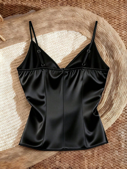 Franclia Women's Black Satin Cami Top,Elegant Slim Fit V-Neck Camisole With Metal Buckle Detail,Black And Gold Summer Bar Party French Blouse