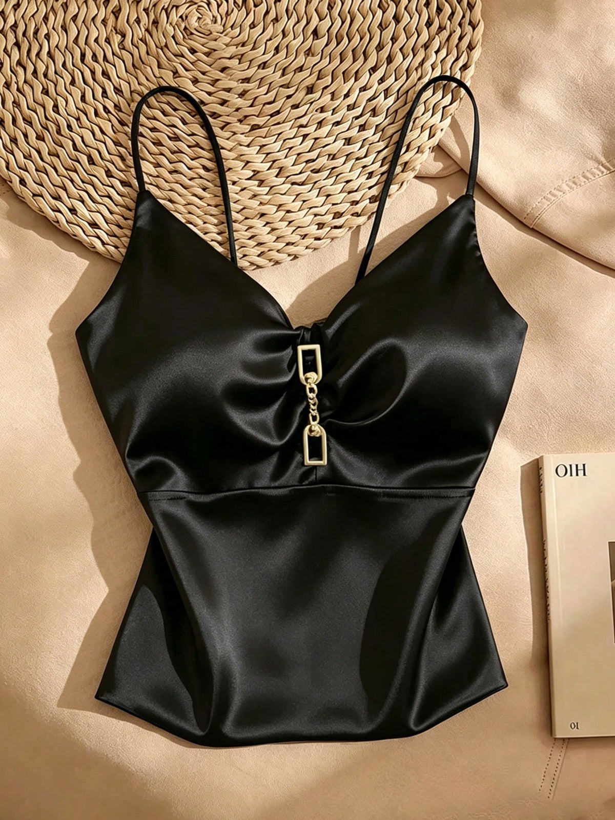 Franclia Women's Black Satin Cami Top,Elegant Slim Fit V-Neck Camisole With Metal Buckle Detail,Black And Gold Summer Bar Party French Blouse