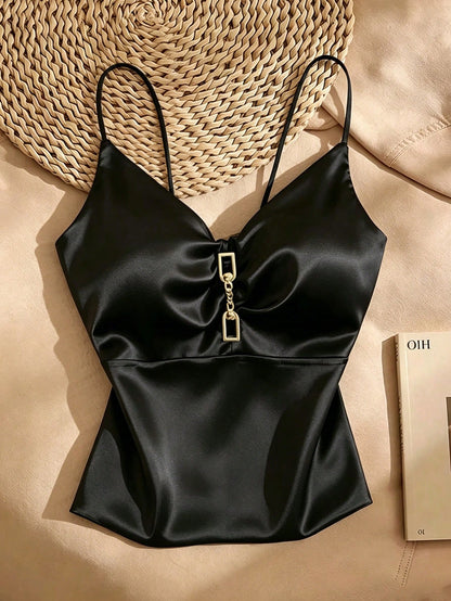Franclia Women's Black Satin Cami Top,Elegant Slim Fit V-Neck Camisole With Metal Buckle Detail,Black And Gold Summer Bar Party French Blouse