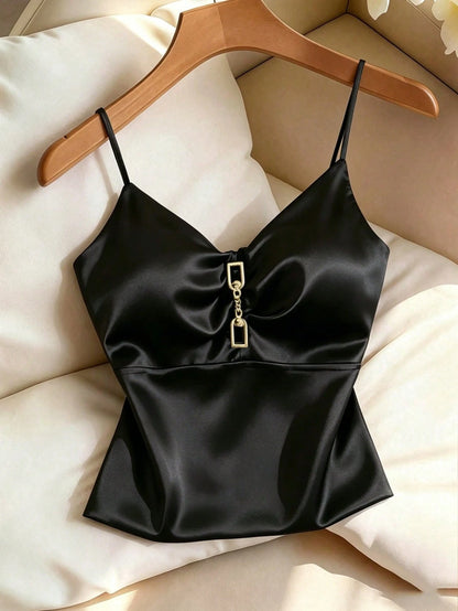 Franclia Women's Black Satin Cami Top,Elegant Slim Fit V-Neck Camisole With Metal Buckle Detail,Black And Gold Summer Bar Party French Blouse