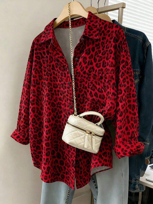 Franclia Women's Casual Loose Long Sleeve Shirt, Leopard Print Pattern, Simple And Versatile For Everyday Wear, Autumn/Winter