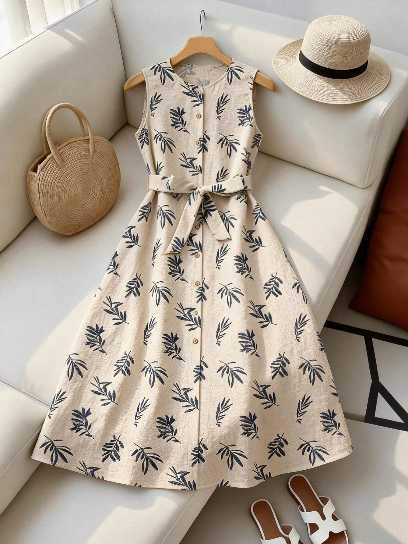 Franclia Women's Casual Sleeveless Dress With Plant Print And Single-Breasted Design Women Dress Pin For Dress Latest Dress
