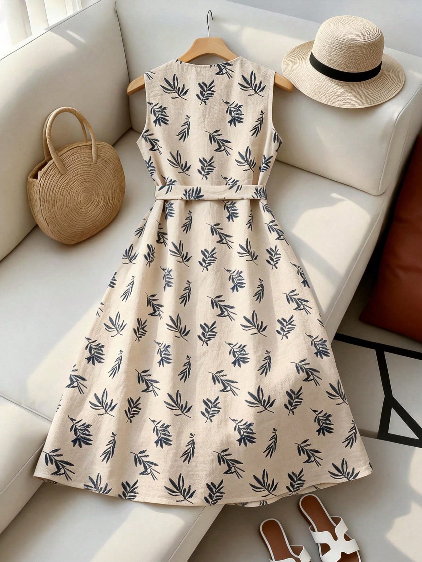 Franclia Women's Casual Sleeveless Dress With Plant Print And Single-Breasted Design Women Dress Pin For Dress Latest Dress