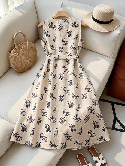 Franclia Women's Casual Sleeveless Dress With Plant Print And Single-Breasted Design Women Dress Pin For Dress Latest Dress