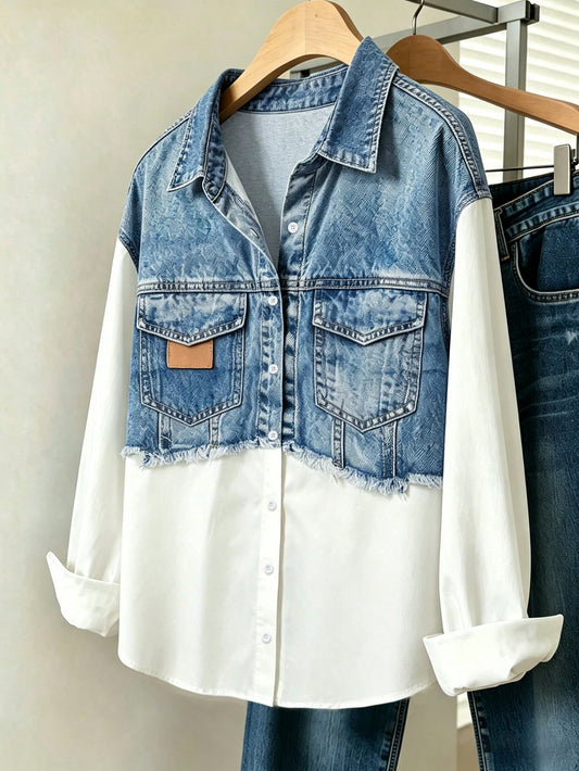 Franclia Women's Design Denim Effect Print Single-Breasted Long Sleeve Shirt