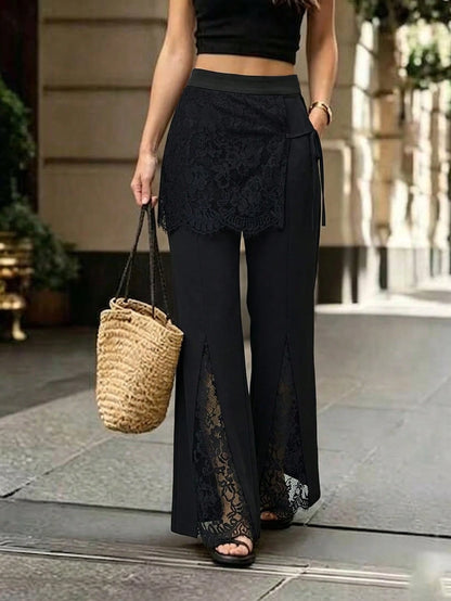 Franclia Women's Elegant Lace Patchwork Black Long Pants, Summer, Black Long Pants, Elegant Flared Long Pants
