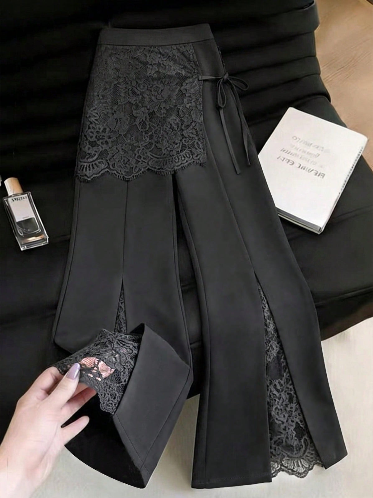 Franclia Women's Elegant Lace Patchwork Black Long Pants, Summer, Black Long Pants, Elegant Flared Long Pants