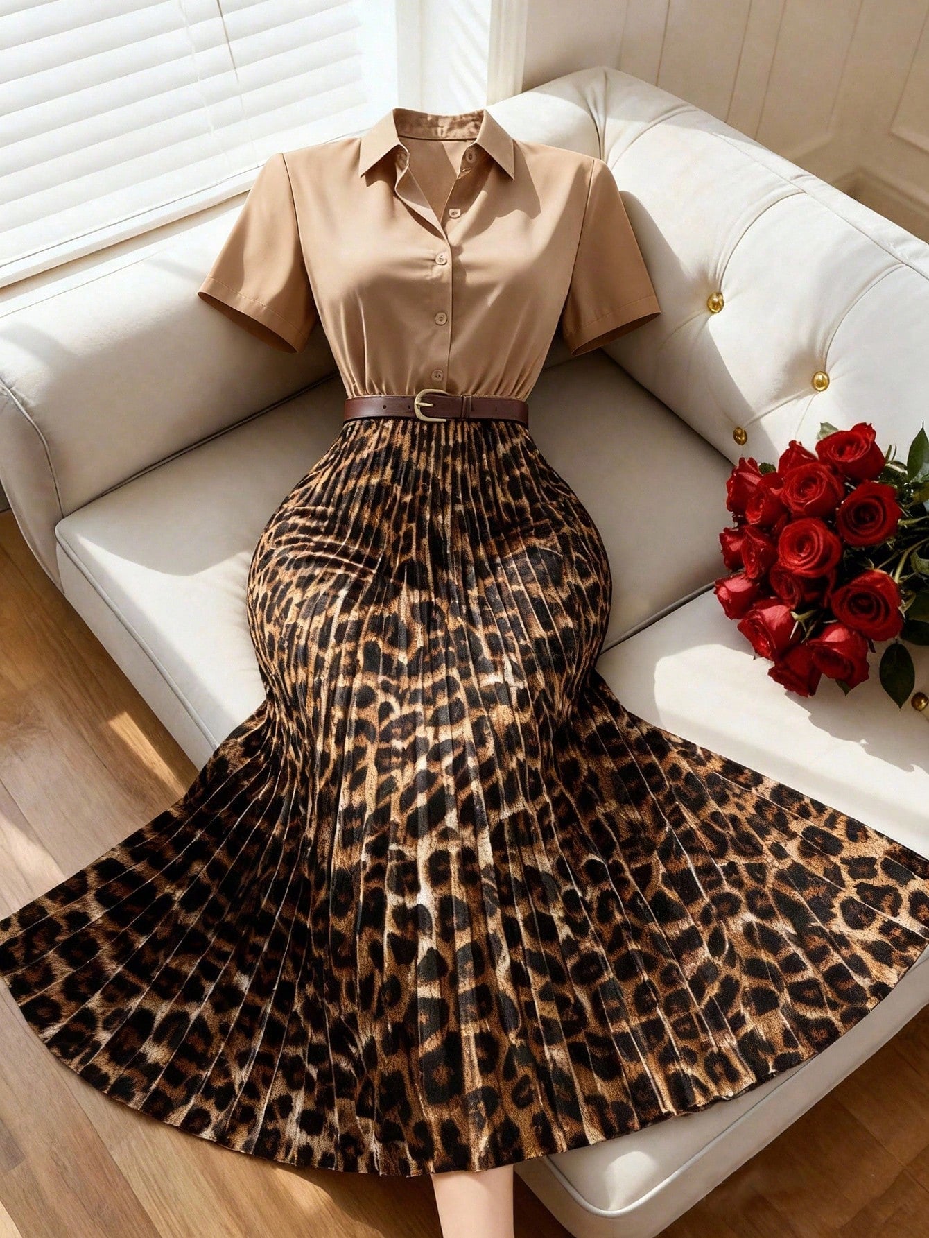 Franclia Women's Elegant Office Leopard Print Mid-Length Dress, Autumn Tangerine Shirt Collar Cinched Waist Pleated Dress, Commuter Cinched Waist Cheetah Animal Print