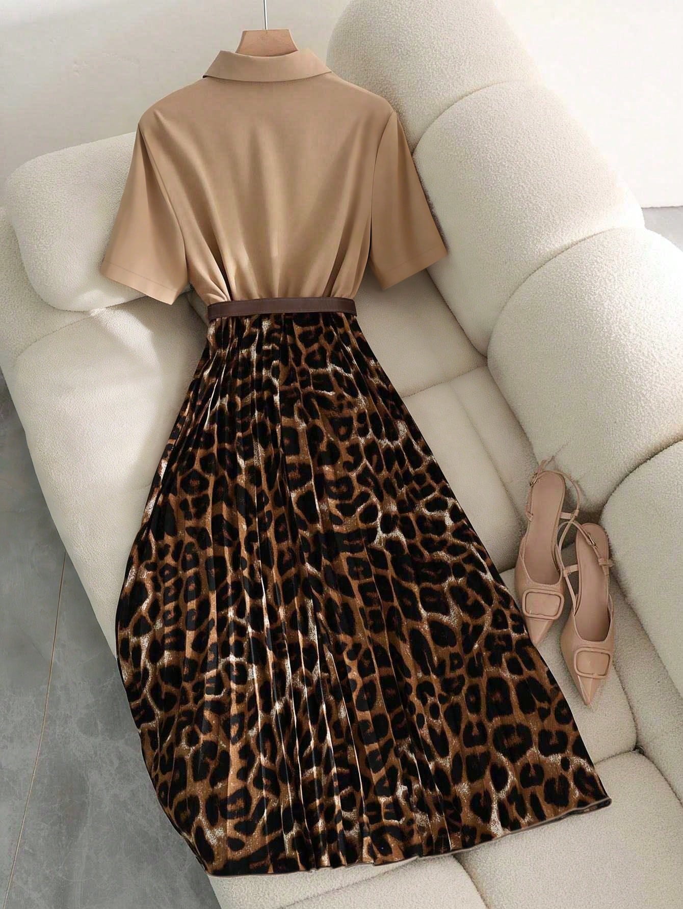 Franclia Women's Elegant Office Leopard Print Mid-Length Dress, Autumn Tangerine Shirt Collar Cinched Waist Pleated Dress, Commuter Cinched Waist Cheetah Animal Print