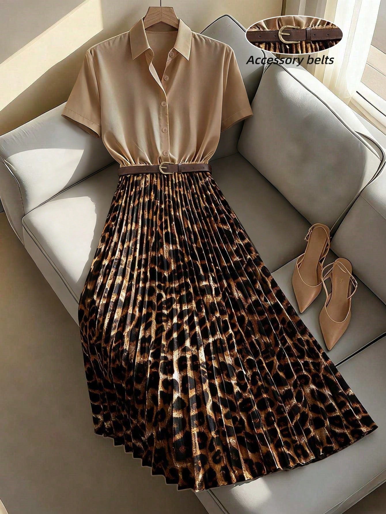 Franclia Women's Elegant Office Leopard Print Mid-Length Dress, Autumn Tangerine Shirt Collar Cinched Waist Pleated Dress, Commuter Cinched Waist Cheetah Animal Print