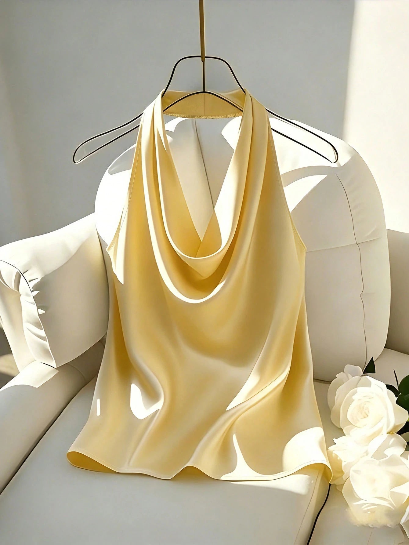Franclia Women's Elegant Pale Yellow Satin Halter Neck Tank Top, Slim-Fit Backless Scarf Camisole,Plain Silk Blouses For Summer Party Vacation Getaways