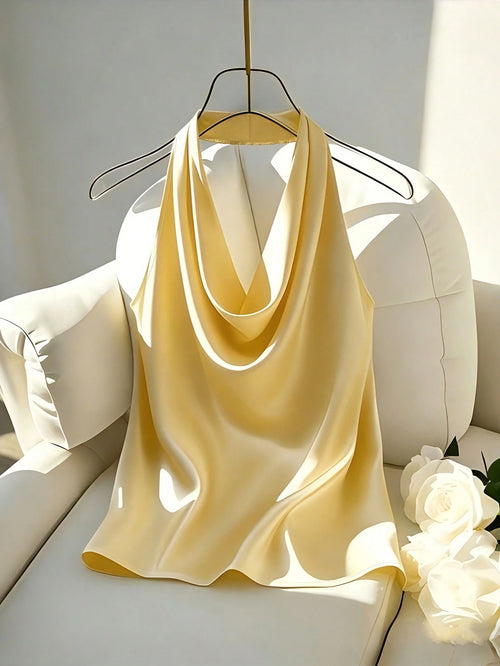 Franclia Women's Elegant Pale Yellow Satin Halter Neck Tank Top, Slim-Fit Backless Scarf Camisole,Plain Silk Blouses For Summer Party Vacation Getaways