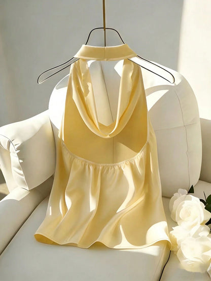Franclia Women's Elegant Pale Yellow Satin Halter Neck Tank Top, Slim-Fit Backless Scarf Camisole,Plain Silk Blouses For Summer Party Vacation Getaways
