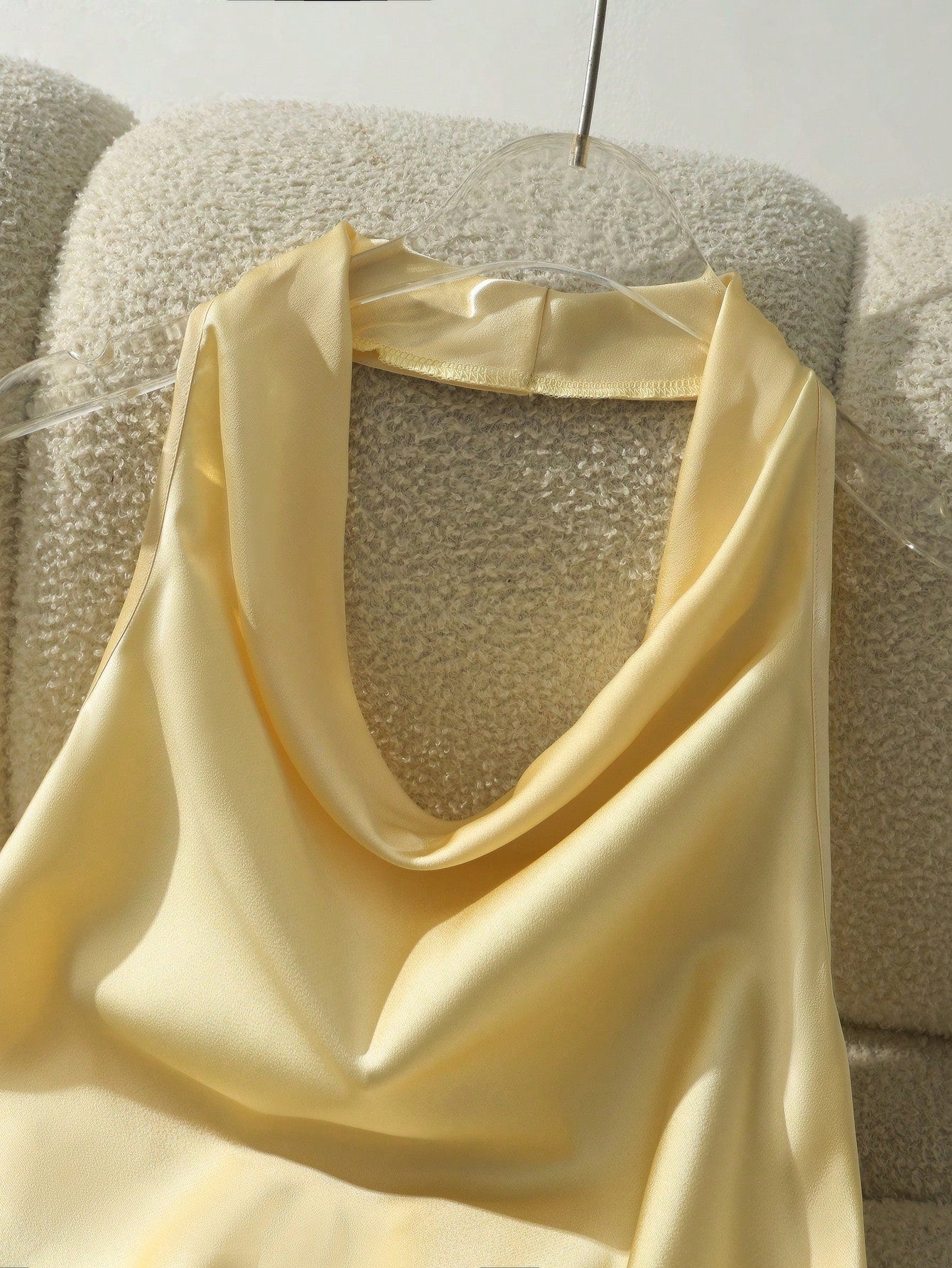 Franclia Women's Elegant Pale Yellow Satin Halter Neck Tank Top, Slim-Fit Backless Scarf Camisole,Plain Silk Blouses For Summer Party Vacation Getaways