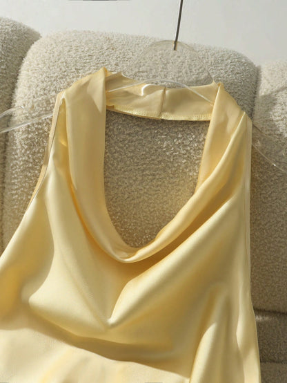 Franclia Women's Elegant Pale Yellow Satin Halter Neck Tank Top, Slim-Fit Backless Scarf Camisole,Plain Silk Blouses For Summer Party Vacation Getaways