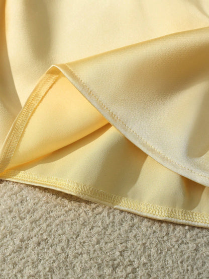 Franclia Women's Elegant Pale Yellow Satin Halter Neck Tank Top, Slim-Fit Backless Scarf Camisole,Plain Silk Blouses For Summer Party Vacation Getaways