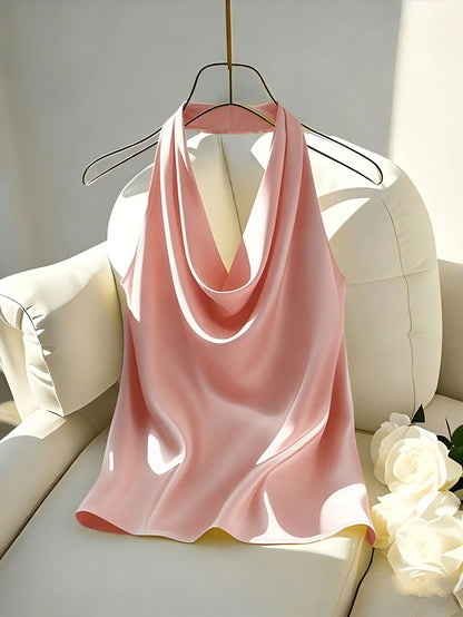 Franclia Women's Elegant Pale Yellow Satin Halter Neck Tank Top, Slim-Fit Backless Scarf Camisole,Plain Silk Blouses For Summer Party Vacation Getaways