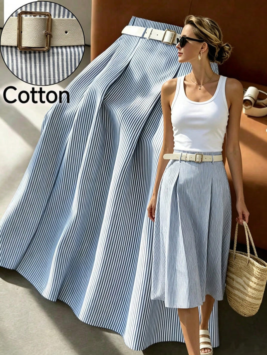 Franclia Women's Linen Striped Casual & Office Belt Medium Length Flare Pleated Midi Skirt, Summer/ Spring