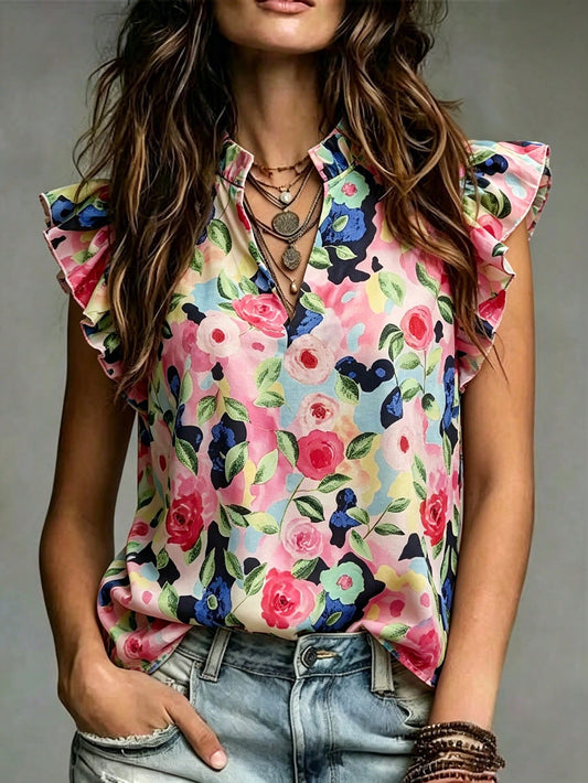 Franclia Women's Pale Yellow Summer Boho Floral Print V-Neck Flutter Sleeve Blouse,Cute Ruffle Flower Blouses For Holiday,Brunch,Holiday Vacation Style
