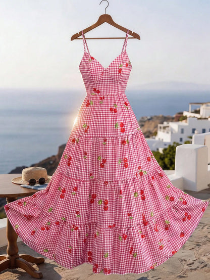 Franclia Women's Red And White Plaid Cherry Print Maxi Dress,Summer Cottage Core Bow Back Gingham Dress,Casual Cinched Waist Flared Holiday Vacation Holiday
