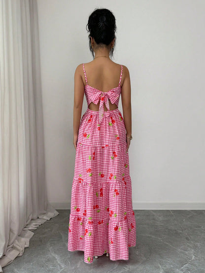 Franclia Women's Red And White Plaid Cherry Print Maxi Dress,Summer Cottage Core Bow Back Gingham Dress,Casual Cinched Waist Flared Holiday Vacation Holiday