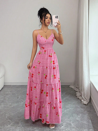 Franclia Women's Red And White Plaid Cherry Print Maxi Dress,Summer Cottage Core Bow Back Gingham Dress,Casual Cinched Waist Flared Holiday Vacation Holiday