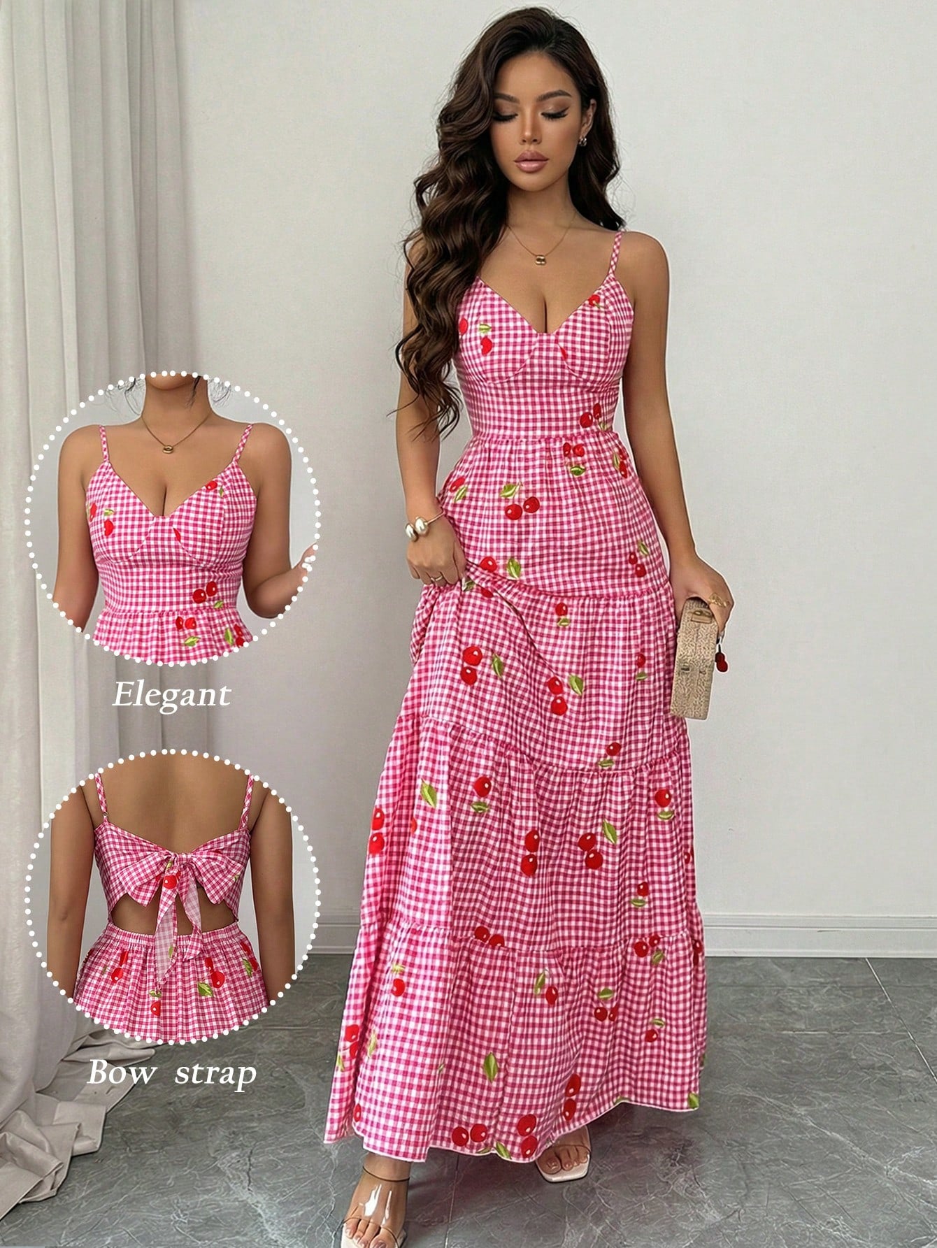 Franclia Women's Red And White Plaid Cherry Print Maxi Dress,Summer Cottage Core Bow Back Gingham Dress,Casual Cinched Waist Flared Holiday Vacation Holiday