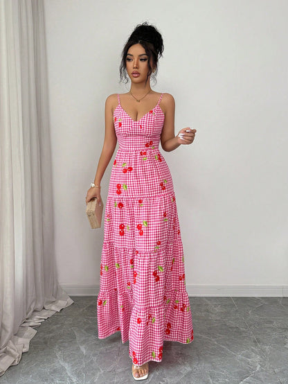 Franclia Women's Red And White Plaid Cherry Print Maxi Dress,Summer Cottage Core Bow Back Gingham Dress,Casual Cinched Waist Flared Holiday Vacation Holiday