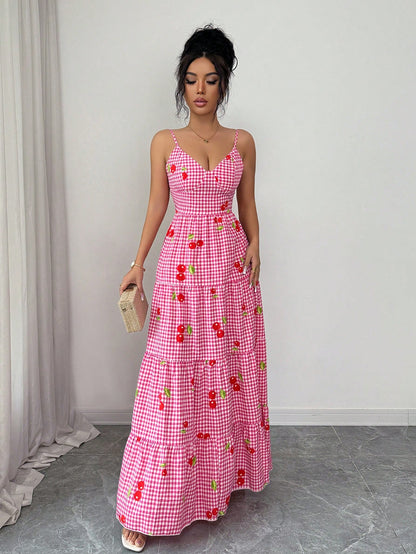 Franclia Women's Red And White Plaid Cherry Print Maxi Dress,Summer Cottage Core Bow Back Gingham Dress,Casual Cinched Waist Flared Holiday Vacation Holiday