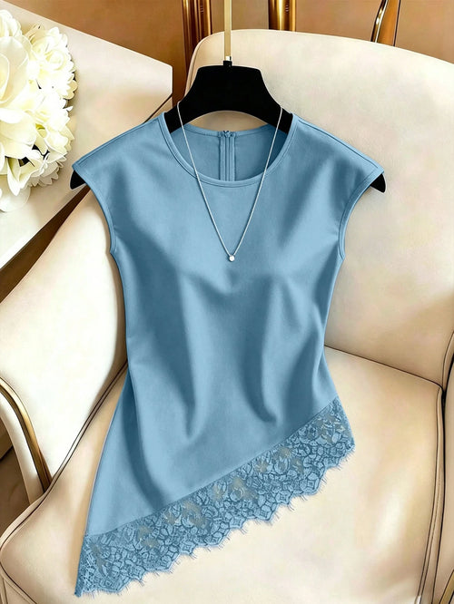 Franclia Women's Round Neck Lace Patchwork Casual Versatile Everyday Blouse